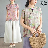 【初色】文藝國風薄款寬鬆彩繪印花盤扣立領短袖改良旗袍襯衫上衣女上衣-共2色-14236(M-2XL可選) M 綠色