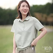 【初色】休閒風簡約純色拼接寬鬆娃娃領短袖POLO衫上衣女上衣-共3色-14245(M-2XL可選) M 綠色