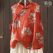 【初色】新中式復古碎花印花立領盤扣斜襟無袖寬鬆馬甲背心襯衫上衣女上衣-共2色-14339(M-2XL可選) M 紅色