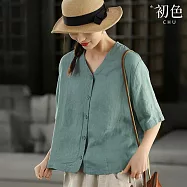 【初色】簡約棉麻風純色V領排扣五分袖襯衫開衫寬鬆上衣外套女外套-共3色-14350(M-2XL可選) L 綠色