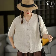 【初色】簡約棉麻風純色V領排扣五分袖襯衫開衫寬鬆上衣外套女外套-共3色-14350(M-2XL可選) M 麻色