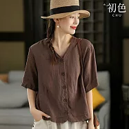 【初色】簡約棉麻風純色V領排扣五分袖襯衫開衫寬鬆上衣外套女外套-共3色-14350(M-2XL可選) M 咖啡色