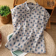 【初色】中式國風斜襟盤釦立領滿版花磚印花短袖襯衫上衣女上衣-花色-14352(M-2XL可選) M 花色