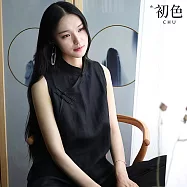 【初色】中式純色立領斜盤釦無袖襯衫打底背心女背心-共2色-14375(M-3XL可選) M 黑色