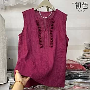 【初色】純色立體花邊裝飾V領無袖寬鬆修身背心上衣女上衣-桃紅色-14269(M-2XL可選) M 桃紅色
