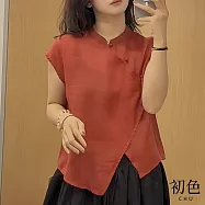 【初色】文藝素色斜襟包扣輕薄無袖立領不規則襯衫上衣女上衣-共3色-14276(M-2XL可選) M 紅色