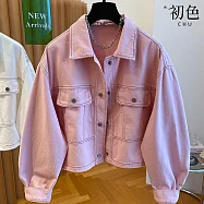 【初色】純色翻領長袖單排扣明線設計牛仔夾克外套女外套-共2色-14781(M-XL可選) L 粉色