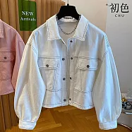 【初色】純色翻領長袖單排扣明線設計牛仔夾克外套女外套-共2色-14781(M-XL可選) L 白色