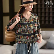 【初色】復古文藝風印花V領五分袖輕薄寬鬆襯衫上衣女上衣-共2色-14791(M-2XL可選) 2XL 藏青黑