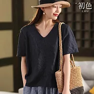 【初色】復古文藝風純色刺繡V領短袖寬鬆襯衫上衣女上衣-共4色-14793(M-2XL可選) M 深藏青