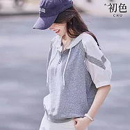 【初色】韓系休閒簡約拼接撞色條紋拉鍊門襟連帽短袖T恤上衣女上衣-灰色-14830(M-2XL可選) 2XL 灰色