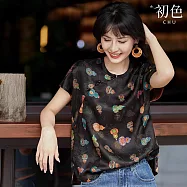 【初色】新中式葫蘆印花圓領盤扣短袖T恤上衣女上衣-咖色-14737(M-XL可選) M 咖色