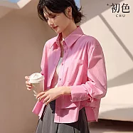 【初色】通勤風純色翻領長袖單排扣襯衫上衣女上衣-玫粉色-14824(M-2XL可選) M 玫粉色