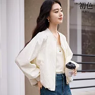 【初色】韓版純色肌理感亮片緹花短款棒球服長袖外套女外套-米白色-15196(M-2XL可選) M 米白色