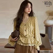 【初色】亞麻風氣質圓點印花蕾絲花邊撞色包扣V領長袖泡泡袖小衫襯衫上衣女上衣-波點-15200(M-2XL可選) M 波點