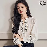【初色】法式復古重工繡花刺繡V領綁帶泡泡袖寬鬆襯衫上衣女上衣-白色-15197(M-2XL可選) M 白色