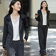 【初色】休閒風魚骨收腰蕾絲拼接拉鍊長袖連帽外套女外套+純色休閒褲寬褲長褲套裝-深灰色-15211(M-2XL可選) XL 深灰色