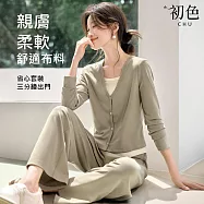 【初色】撞色假兩件V領長袖T恤上衣女上衣+純色修身闊腿褲休閒褲寬褲長褲套裝-淺綠色-15209(M-2XL可選) M 淺綠色