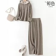 【初色】簡約撞色內裡絨連帽長袖上衣女上衣+純色鬆緊腰口袋休閒褲寬褲長褲套裝-卡其色-15213(M-2XL可選) XL 卡其色