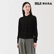 【MUJI 無印良品】女水洗羊毛高密織POLO開襟衫 L 黑色
