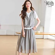 【初色】休閒拼接假兩件圓領短袖T恤上衣女上衣+純色中長裙半身裙套裝-共2色-15149(M-4XL可選) M 灰色