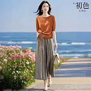 【初色】純色圓領五分袖扭結綁帶針織上衣女上衣+波西米亞風印花休閒褲寬褲長褲套裝-橘衣花褲-15155(M-2XL可選) M 橘衣花褲