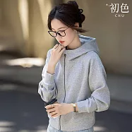 【初色】簡約純色連帽領長袖拉鍊外套女外套-灰色-15201(M-2XL可選) M 灰色