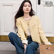 【初色】法式小香風純色圓領蕾絲袖口單排釦口袋短款長袖外套女外套-黃色-15210(M-2XL可選) M 黃色