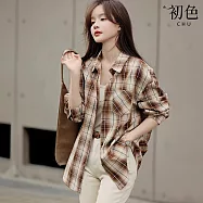 【初色】日系復古翻領格紋寬鬆長袖襯衫上衣外套女外套-格子-15103(M-2XL可選) M 格子