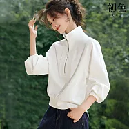 【初色】簡約純色立領半高領拉鍊燈籠袖七分袖T恤上衣女上衣-共2色-15104(M-2XL可選) XL 白色