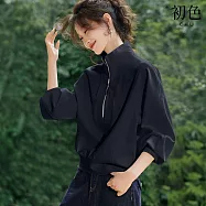 【初色】簡約純色立領半高領拉鍊燈籠袖七分袖T恤上衣女上衣-共2色-15104(M-2XL可選) L 黑色