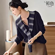 【初色】休閒寬鬆撞色半門襟單排釦圓領小V領長袖針織衫上衣女上衣-共2色-15355(F可選) F 藏青色