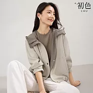 【初色】休閒風簡約拼接撞色連帽長袖風衣外套外套女外套-共2色-15379(M-2XL可選) M 卡其灰綠