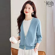 【初色】簡約風撞色假兩件雙拉鍊圓領長袖針織衫上衣女上衣-共3色-15445(F可選) F 藍色