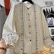【初色】韓系寬鬆條紋刺繡單排釦圓領長袖小衫娃娃衫襯衫上衣女上衣-米色-15133(M-2XL可選) M 米色