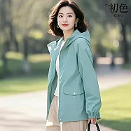 【初色】簡約純色連帽口袋拉鍊長袖外套女外套-藍綠色-15160(M-XL可選) M 藍綠色