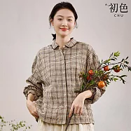 【初色】森林系文藝風格紋娃娃領長袖寬鬆襯衫上衣女上衣-咖色-15126(M-2XL可選) M 咖色