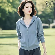 【初色】簡約純色連帽抽繩拉鏈口袋長袖外套女外套-藍色-15119(M-2XL可選) 2XL 藍色