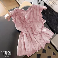 【初色】純色花瓣荷葉邊褶皺無袖襯衫上衣女上衣-粉色-15099(M-2XL可選) M 粉色