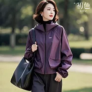 【初色】通勤休閒寬鬆短版長袖連帽風衣外套女外套-8款任選-15169(M-2XL可選) XL F.紫色