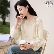 【初色】日系優雅羽毛流蘇寬鬆系帶圓領長袖雪紡衫上衣女上衣-杏色-15248(M-2XL可選) XL 杏色