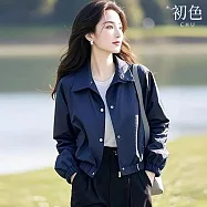 【初色】簡約純色翻領單排釦短版長袖夾克外套女外套-深藍色-15171(M-3XL可選) L 深藍色