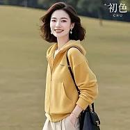 【初色】簡約純色英文印花口袋拉鍊連帽領外套女外套-黃色-15175(M-3XL可選) M 黃色