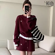 【初色】小香風拼接假兩件圓領長袖T恤上衣女上衣+純色字母刺繡中長裙半身裙-酒紅色-15236(M-2XL可選) XL 酒紅色