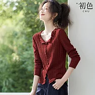 【初色】法式純色荷葉邊開叉單排釦肌理感V領收腰T恤上衣女上衣-酒紅色-15228(M-2XL可選) M 酒紅色