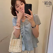 【初色】韓系輕薄氣質褶皺拼接荷葉邊V領排釦短袖襯衫上衣女上衣-共2色-15234(M-XL可選) M 淺藍色