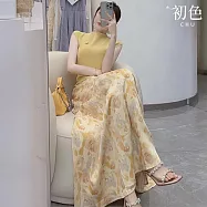 【初色】簡約純色半高領短袖T恤上衣女上衣+印花長款半身裙套裝-黃衣花裙-15246(M-2XL可選) L 黃衣花裙