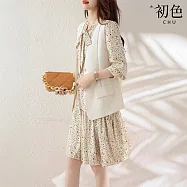 【初色】純色修身馬甲單扣西裝背心+碎花領結七分袖中長連衣裙連身洋裝套裝-卡其花色-15237(M-2XL可選) M 卡其花色