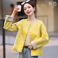 【初色】復古國風繡花寬鬆珍珠扣圓領撞色反摺長袖短版外套女外套-共2色-15161(M-2XL可選) 2XL 黃色