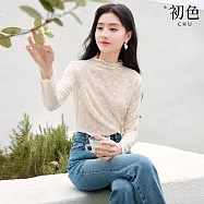 【初色】溫柔風緹花純色花邊修身半高領長袖打底衫T恤上衣女上衣-杏色-15253(M-2XL可選) M 杏色